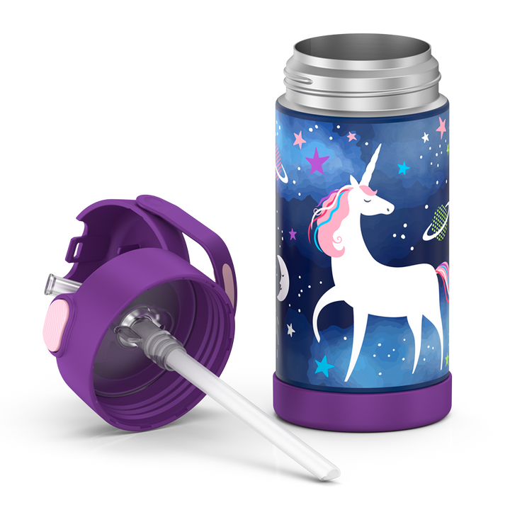 12 ounce Funtainer water bottle, Space Unicorn Pattern, unassembled - lid removed.