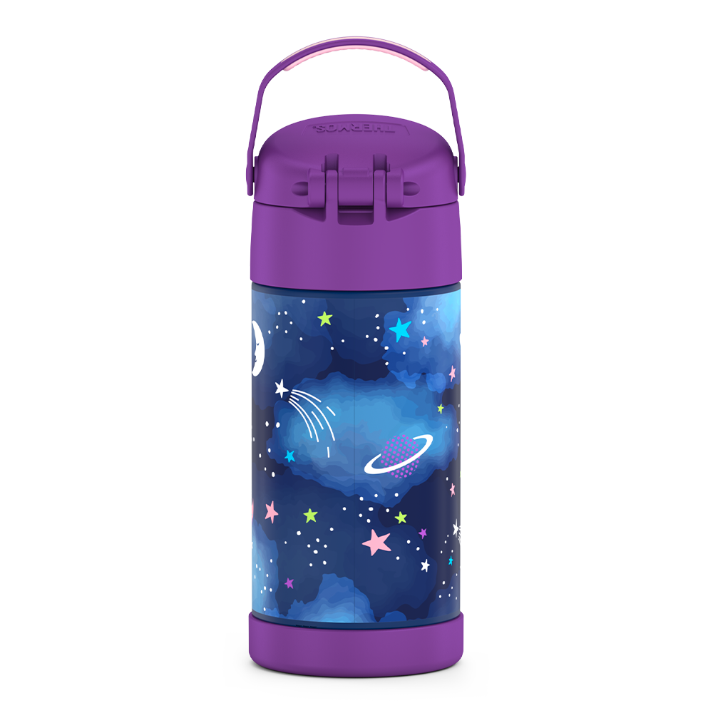 12 ounce Funtainer water bottle, back view, handle up, Space Unicorn Pattern.