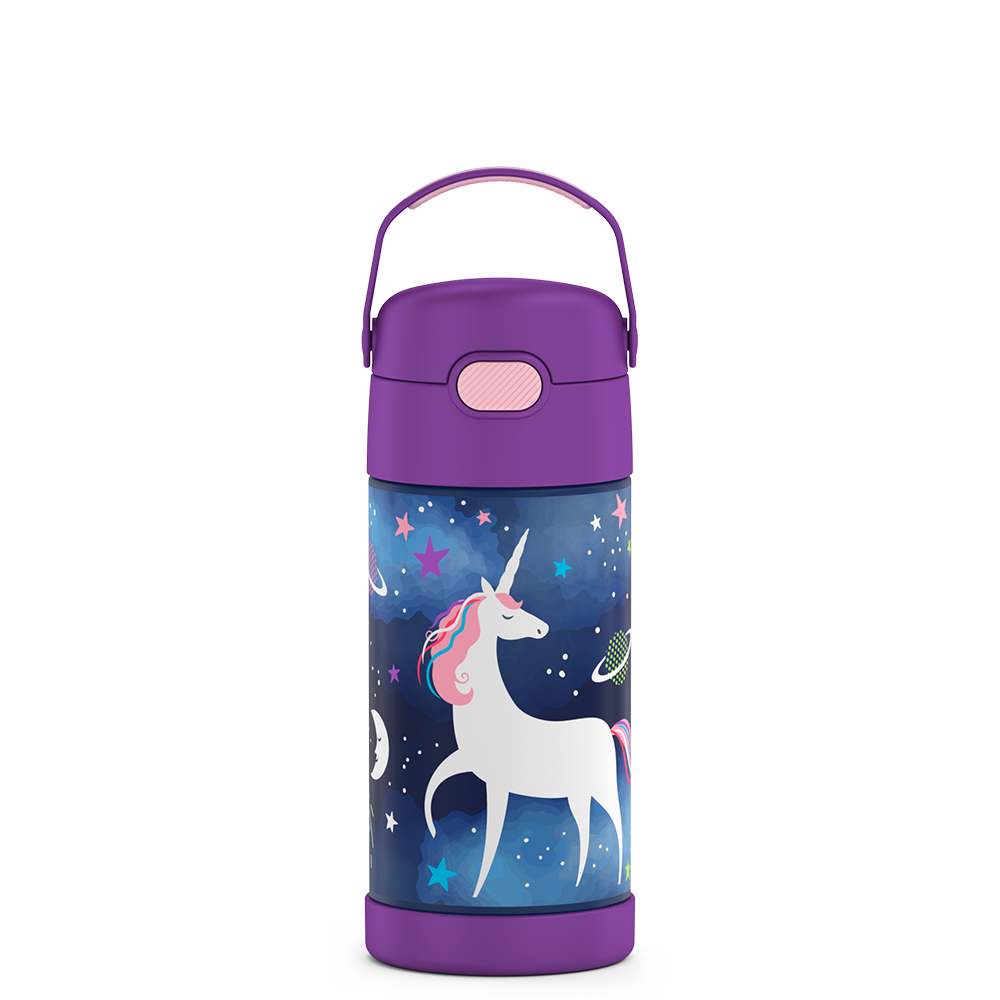 12 ounce Funtainer water bottle, Space Unicorn Pattern.