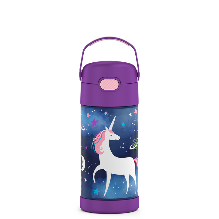 12 ounce Funtainer water bottle, Space Unicorn Pattern.