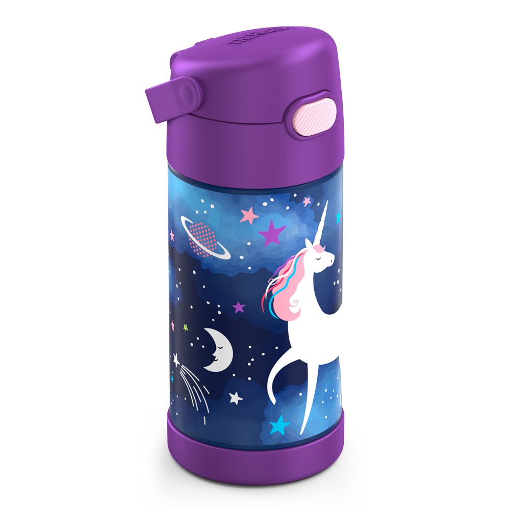 12 ounce Funtainer water bottle, Space Unicorn Pattern, side view, handle down.