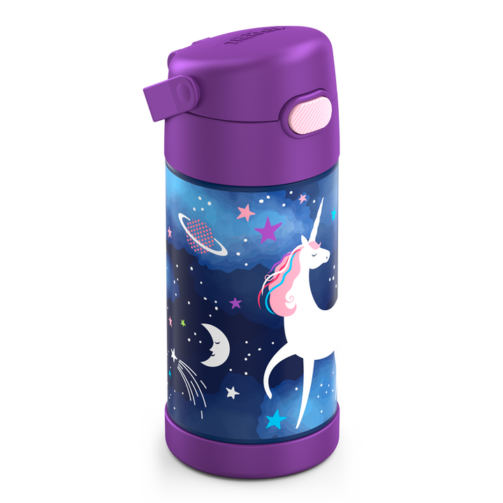 12 ounce Funtainer water bottle, Space Unicorn Pattern, side view, handle down.