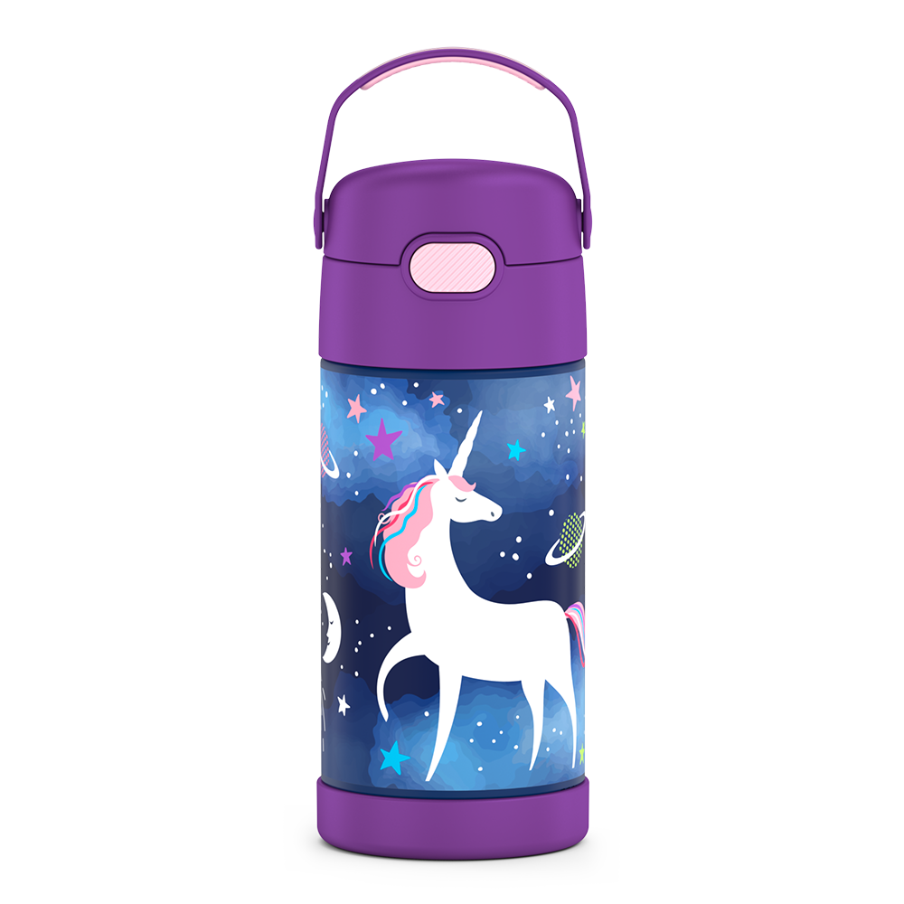 12 ounce Funtainer water bottle with handle up, Space Unicorn Pattern.