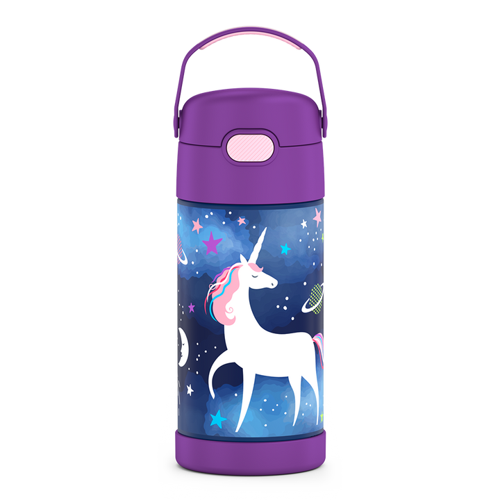12 ounce Funtainer water bottle with handle up, Space Unicorn Pattern.