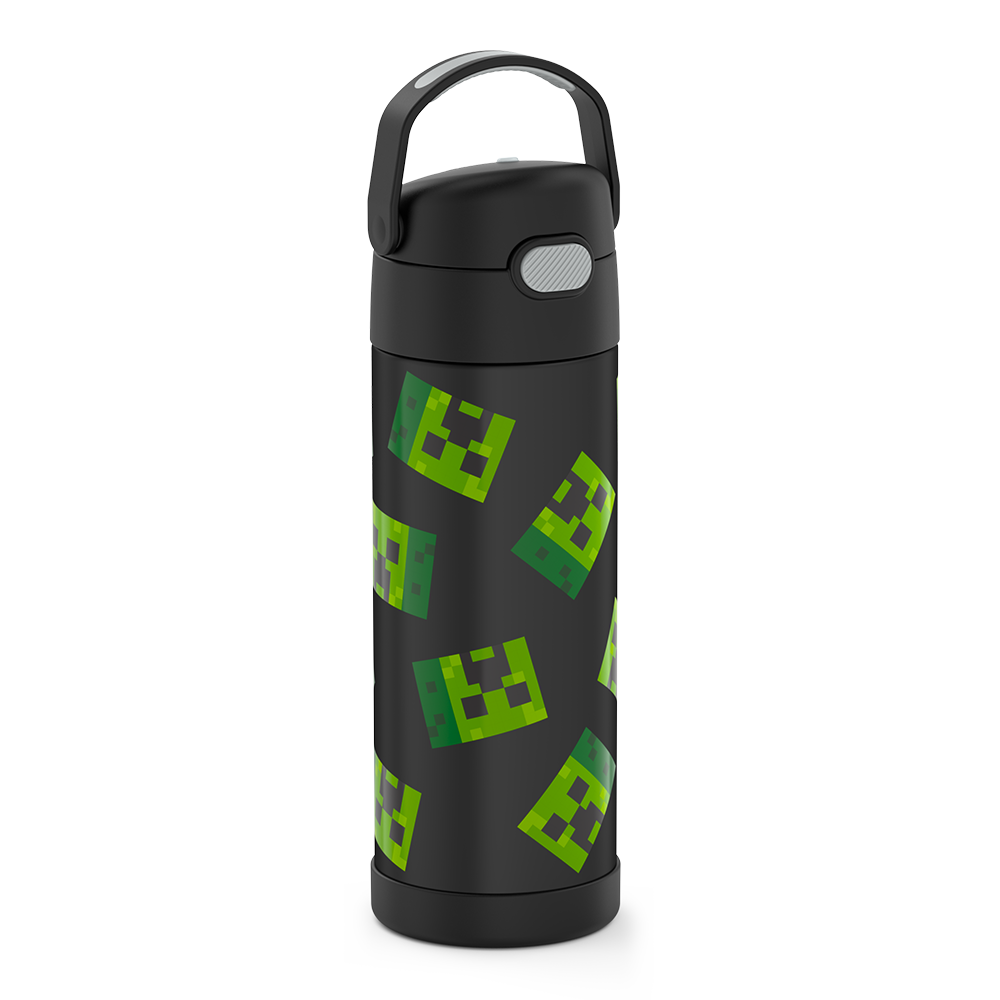 16-ounce Funtainer Stainless Steel Water Bottle with Spout, Minecraft, Black, side view, handle up.
