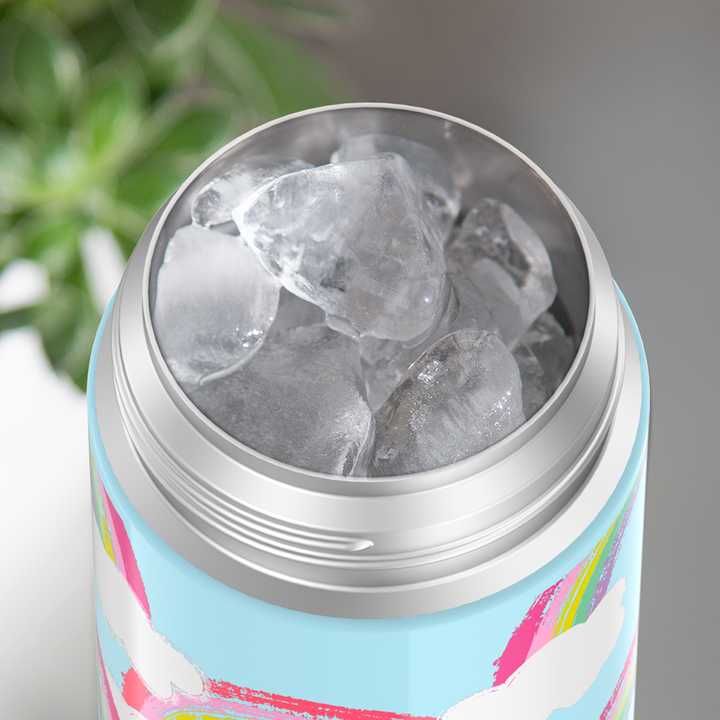 12 ounce rainbows and clouds Pattern Funtainer water bottle, opened and full of ice.