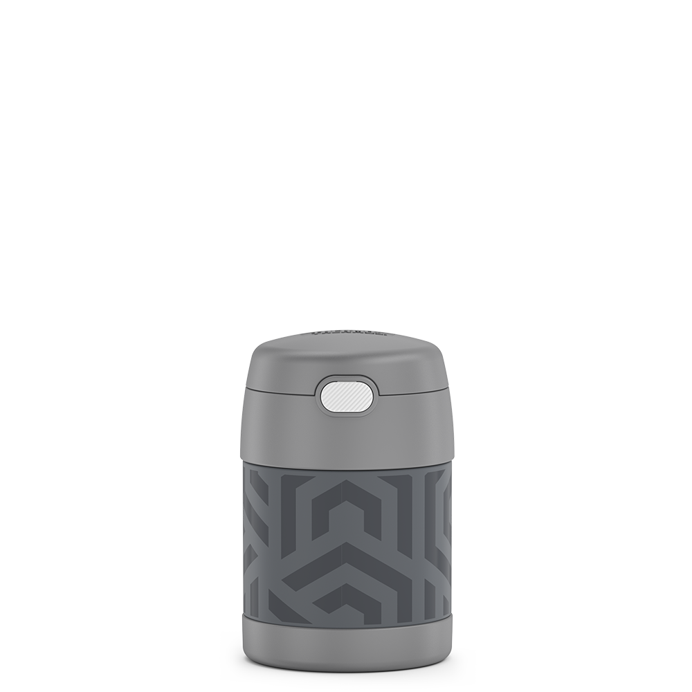 10 ounce Funtainer food jar, grey geometric pattern.