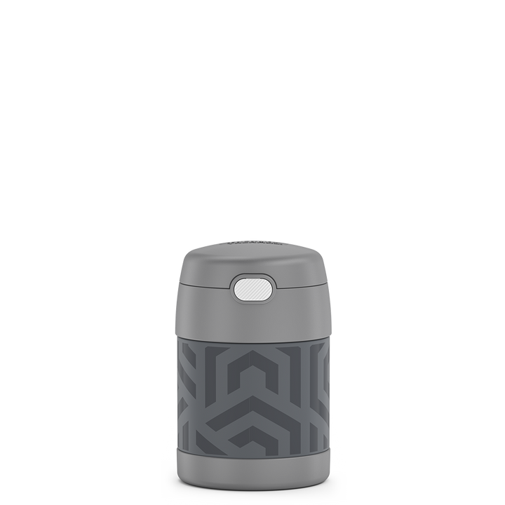 10 ounce Funtainer food jar, grey geometric pattern.