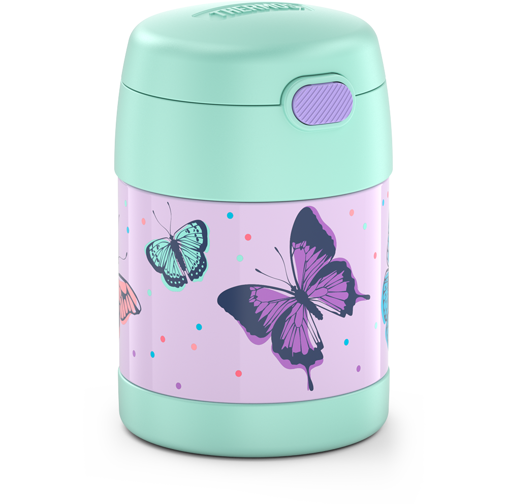 10 ounce Funtainer food jar, pastel colored butterflies side view of big purple and small blue butterflies.