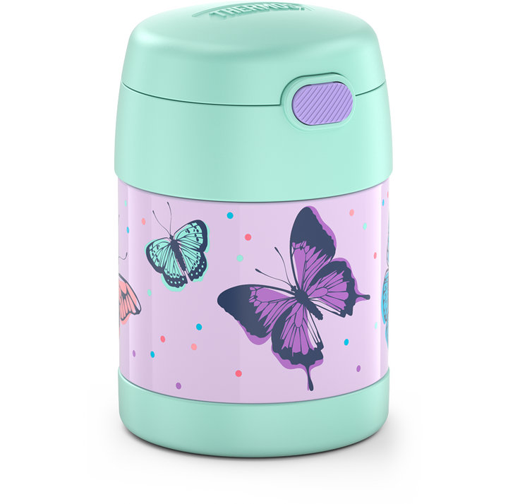 10 ounce Funtainer food jar, pastel colored butterflies side view of big purple and small blue butterflies.