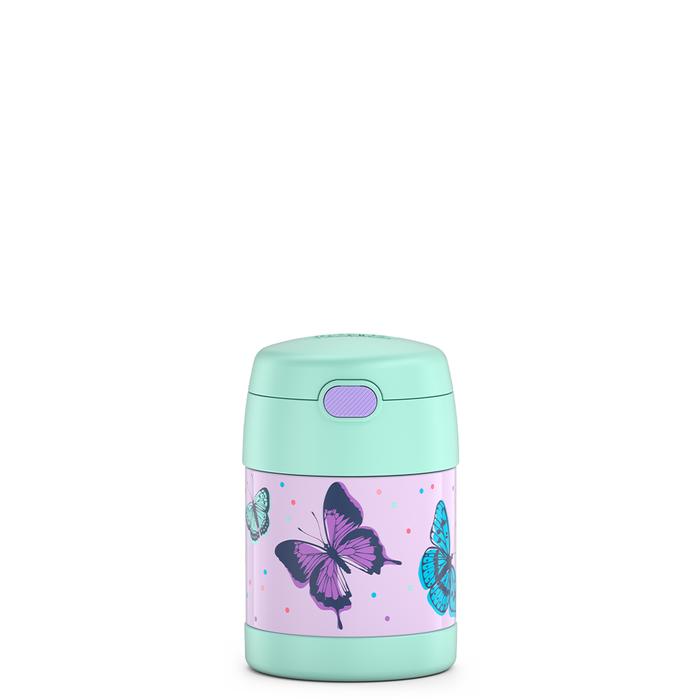 10 ounce Funtainer food jar, pastel colored butterflies