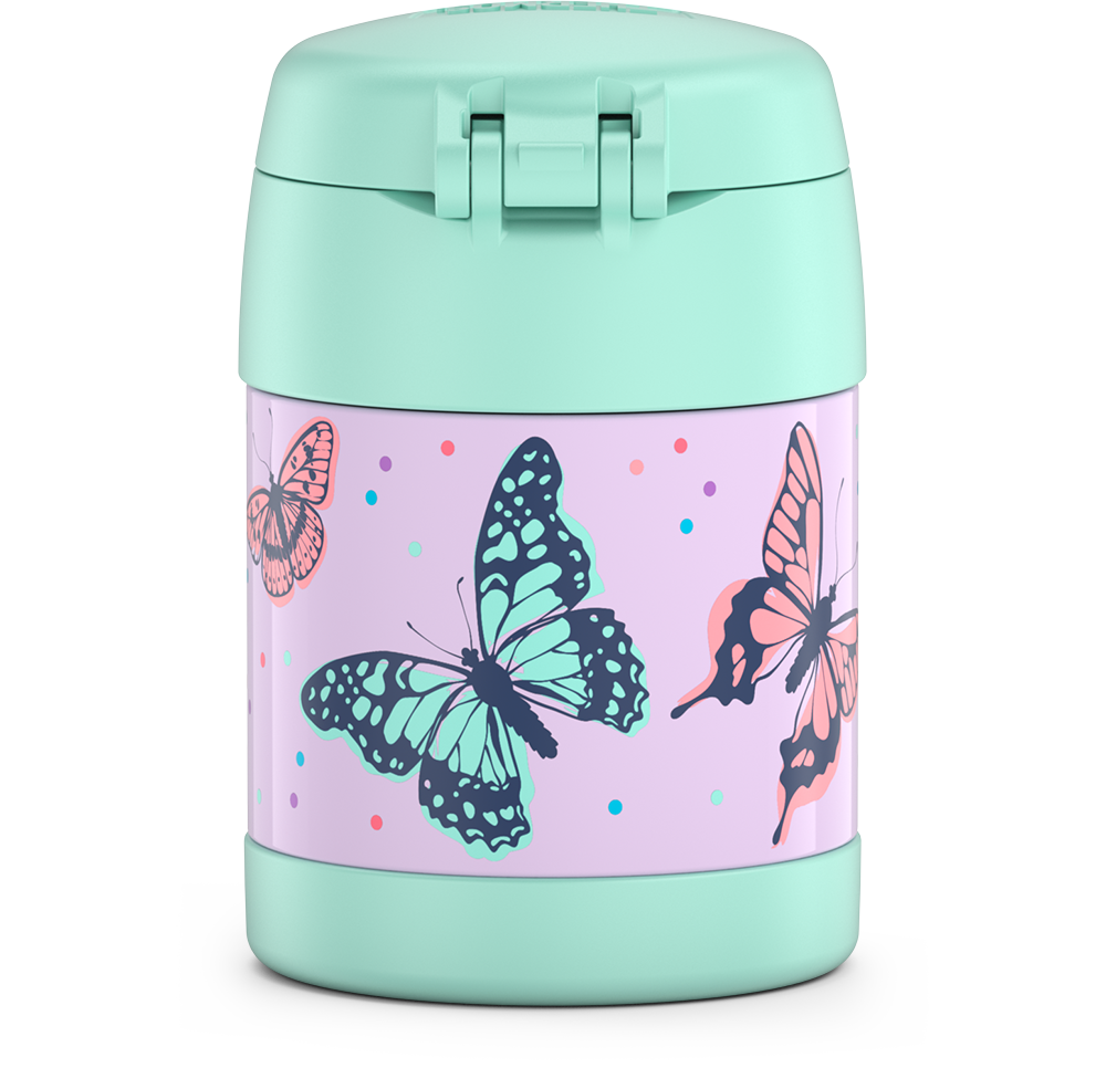 10 ounce Funtainer food jar, pastel colored butterflies back view of teal and pink butterflies.