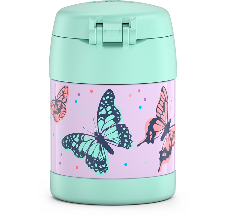 10 ounce Funtainer food jar, pastel colored butterflies back view of teal and pink butterflies.