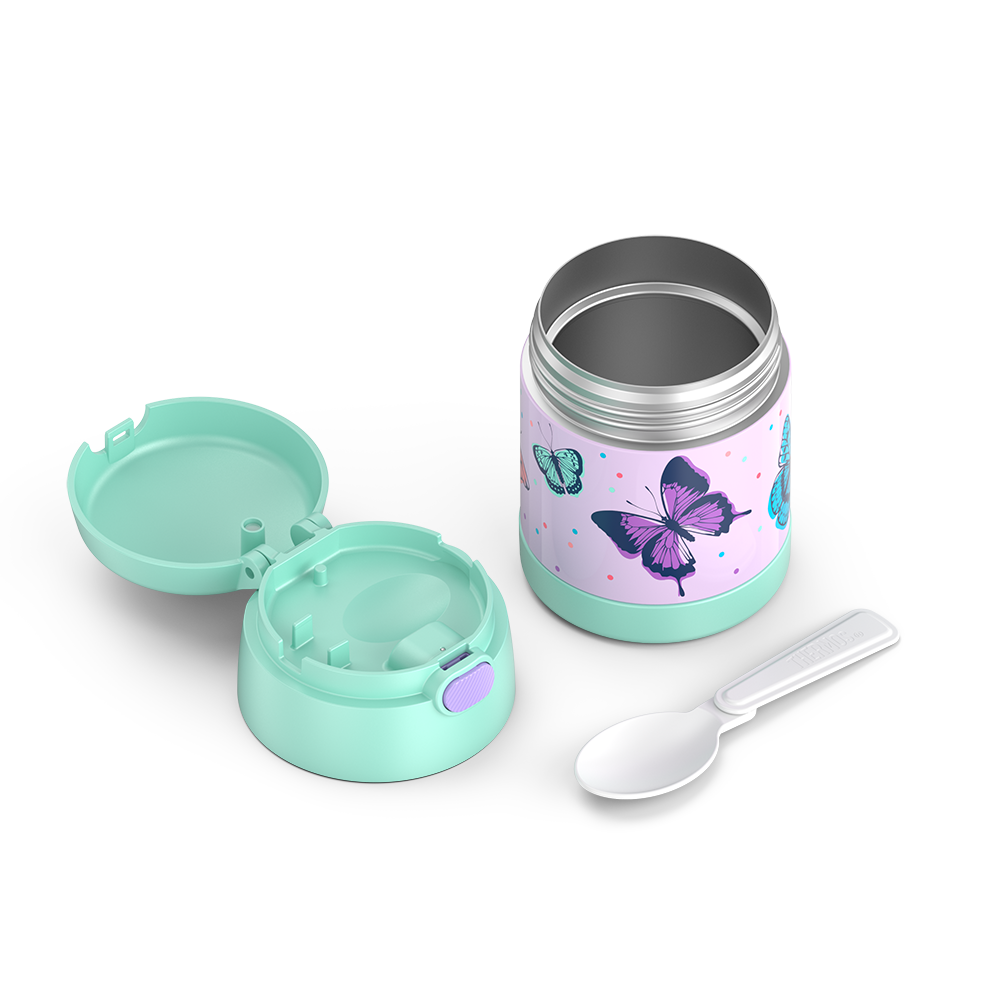 10 ounce Funtainer food jar, pastel colored butterflies disassembled with lid open, but empty to show spoon compartment and spoon next to jar, unfolded.