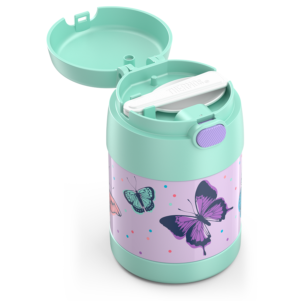 10 ounce Funtainer food jar, pastel colored butterflies side view with lid open to show folded spoon in spoon compartment.