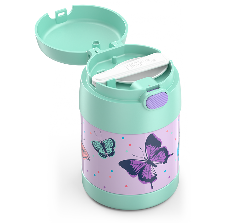 10 ounce Funtainer food jar, pastel colored butterflies side view with lid open to show folded spoon in spoon compartment.