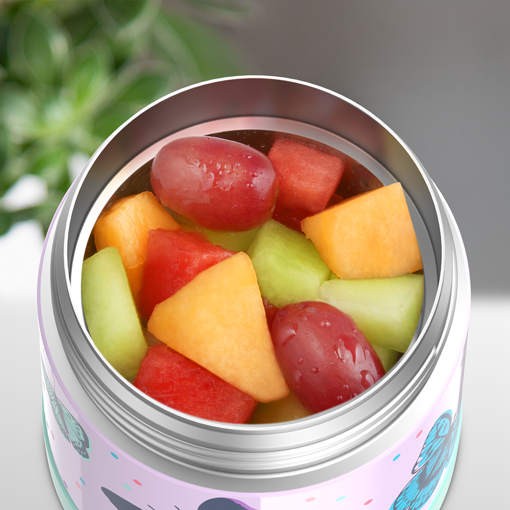 10 ounce Funtainer food jar, open with assorted fruit inside.