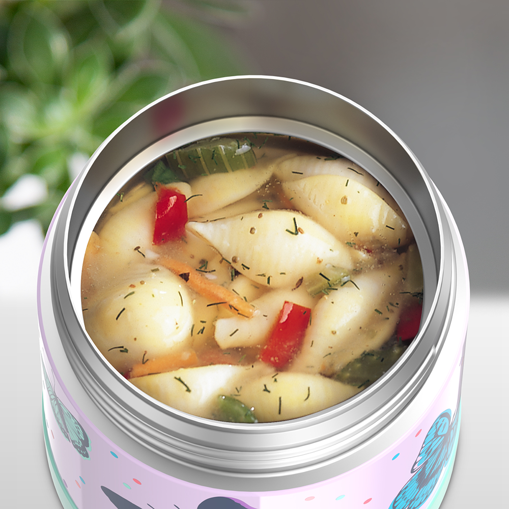 10 ounce Funtainer food jar, open with soup inside.