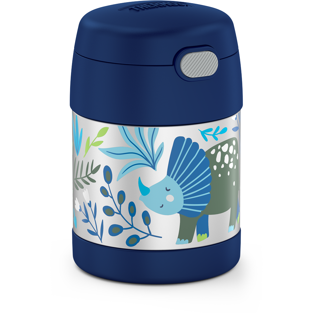10 ounce Funtainer food jar, side view, dinosaur kingdom theme.