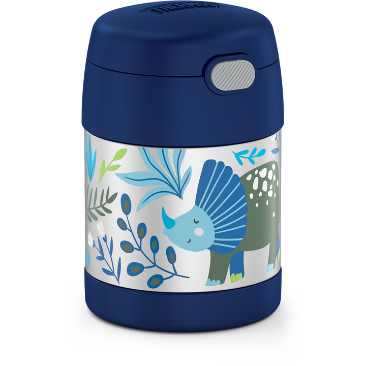 10 ounce Funtainer food jar, side view, dinosaur kingdom theme.