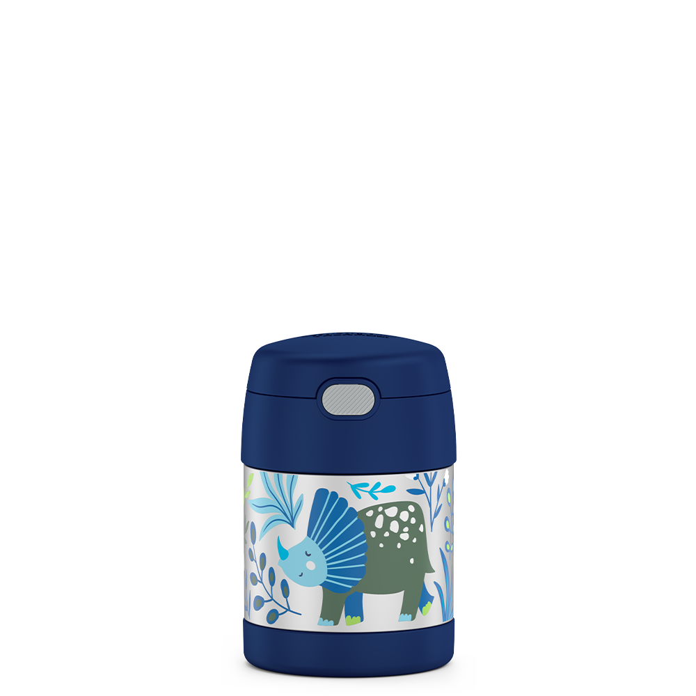 10 ounce Funtainer food jar, front view, dinosaur kingdom theme.