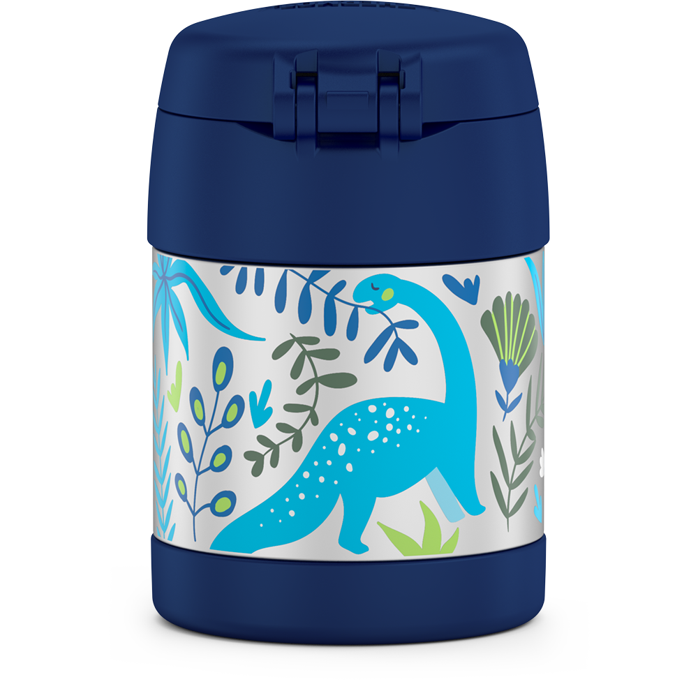 10 ounce Funtainer food jar, back view, dinosaur kingdom theme.