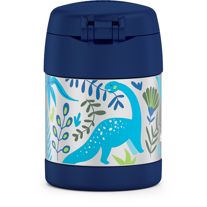10 ounce Funtainer food jar, back view, dinosaur kingdom theme.