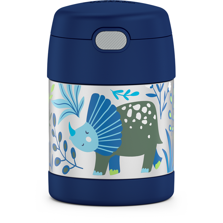 10 ounce Funtainer food jar, front view, dinosaur kingdom theme.