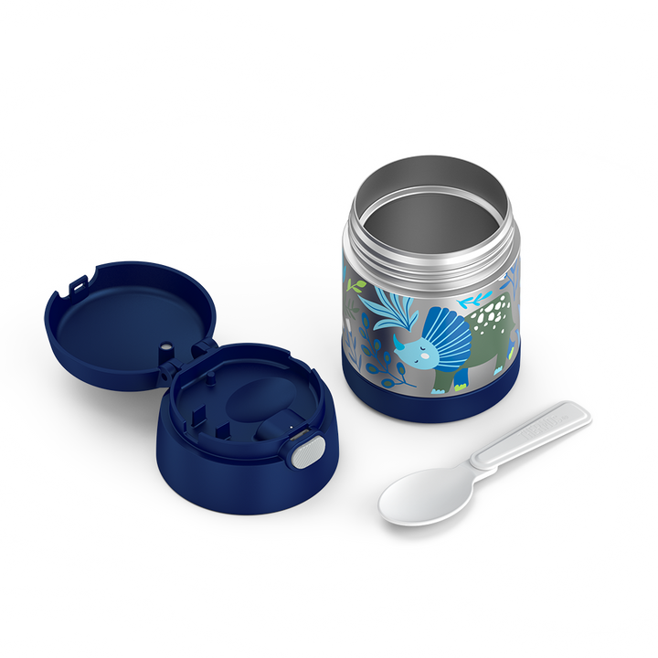 10 ounce Funtainer food jar, unassembled with spoon unfolded, dinosaur kingdom theme.