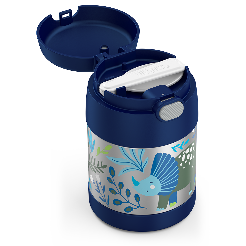 10 ounce Funtainer food jar, side view opened with spoon folded inside, dinosaur kingdom theme.