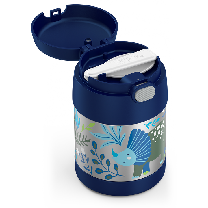 10 ounce Funtainer food jar, side view opened with spoon folded inside, dinosaur kingdom theme.