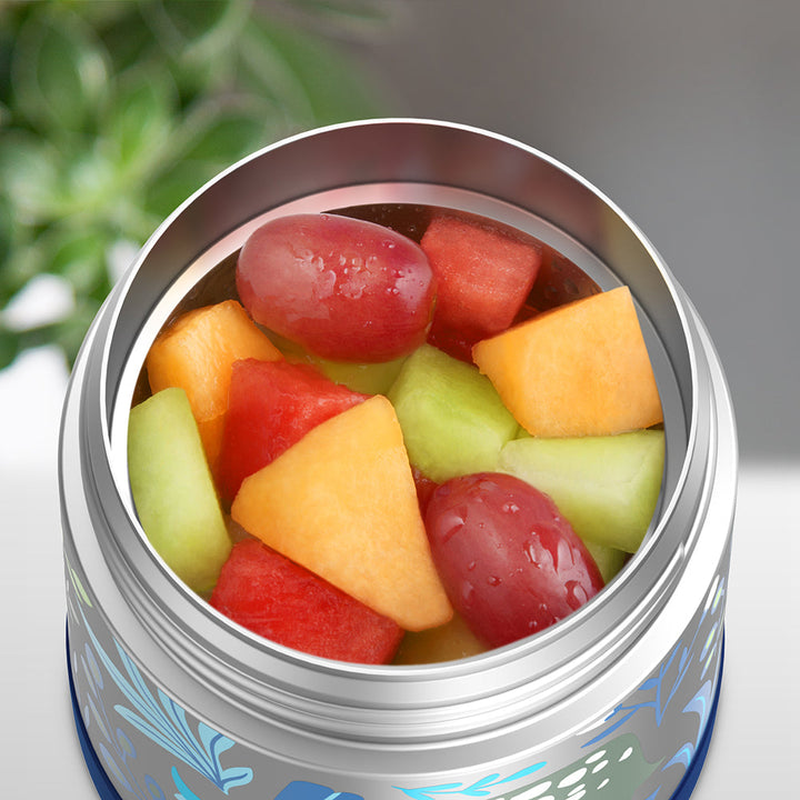 10 ounce Funtainer food jar, open with assorted fruit inside.