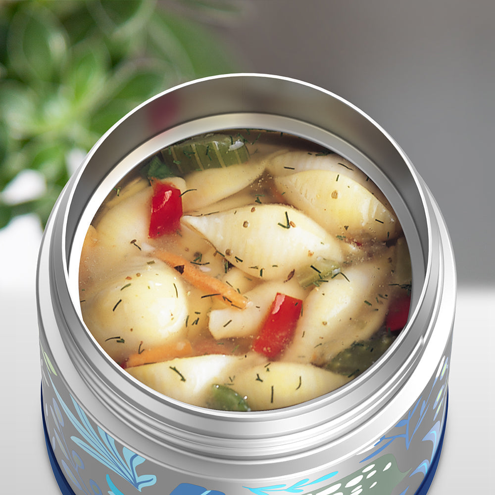 10 ounce Funtainer food jar, open with soup inside.