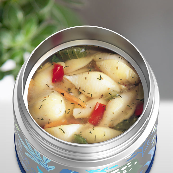 10 ounce Funtainer food jar, open with soup inside.