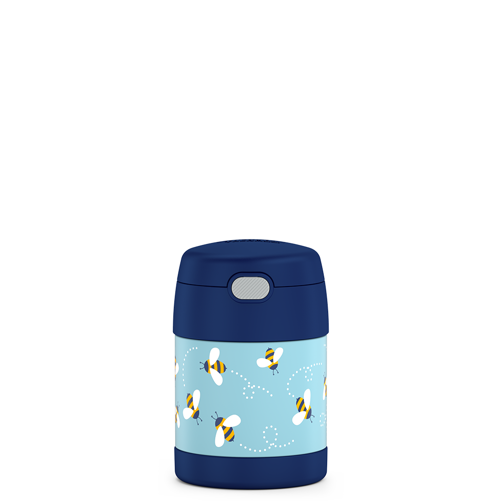 10 ounce Funtainer food jar, front view, bees flying around.