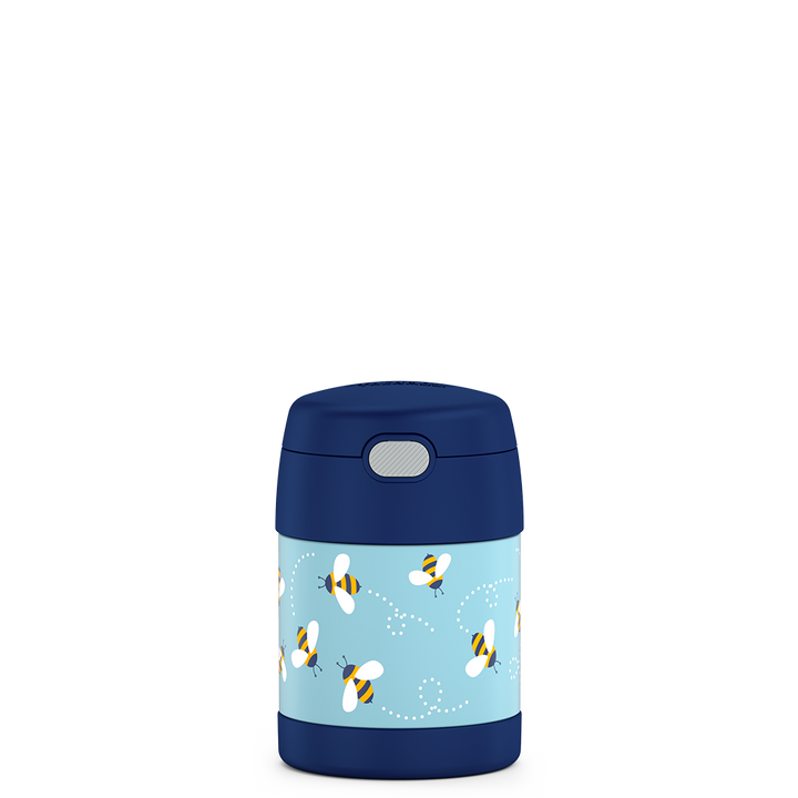 10 ounce Funtainer food jar, front view, bees flying around.