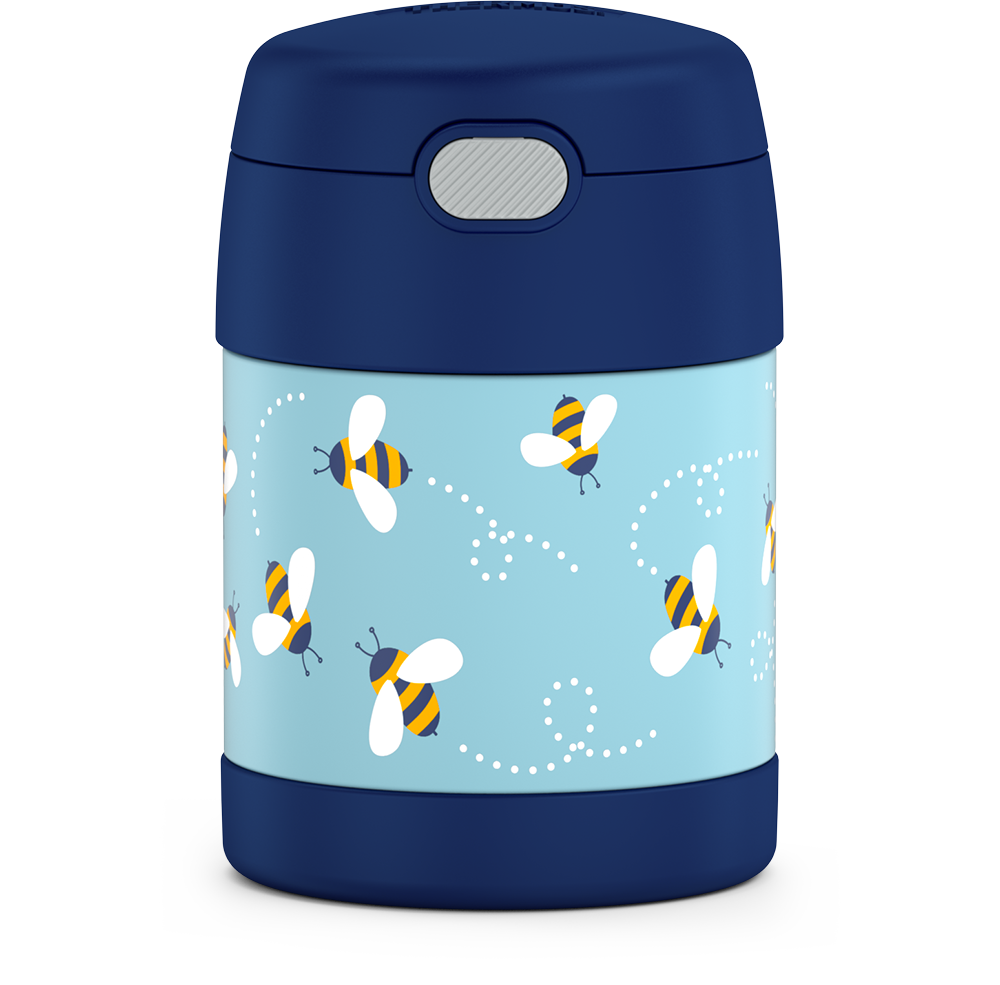 10 ounce Funtainer food jar, bees front view with spoon compartment button.