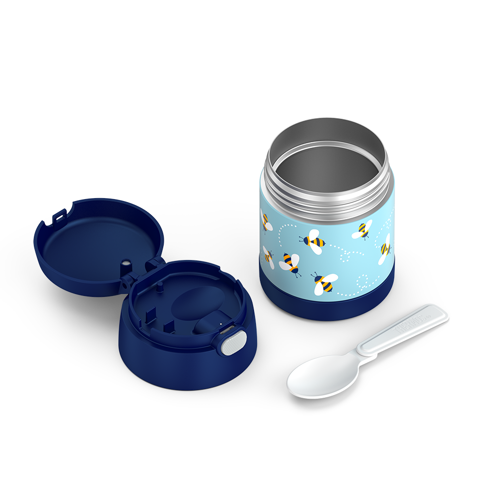 10 ounce Funtainer food jar, bees disassembled with lid open, but empty to show spoon compartment and spoon next to jar, unfolded.