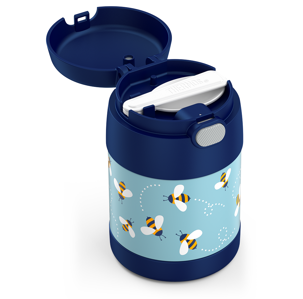 10 ounce Funtainer food jar, bees side view with lid open to show folded spoon in spoon compartment.