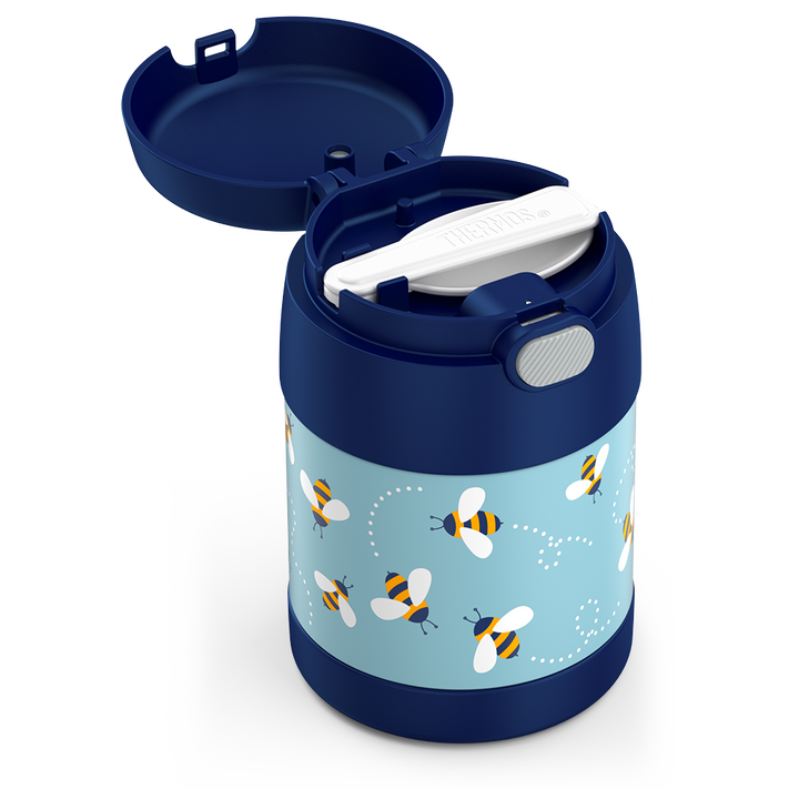 10 ounce Funtainer food jar, bees side view with lid open to show folded spoon in spoon compartment.