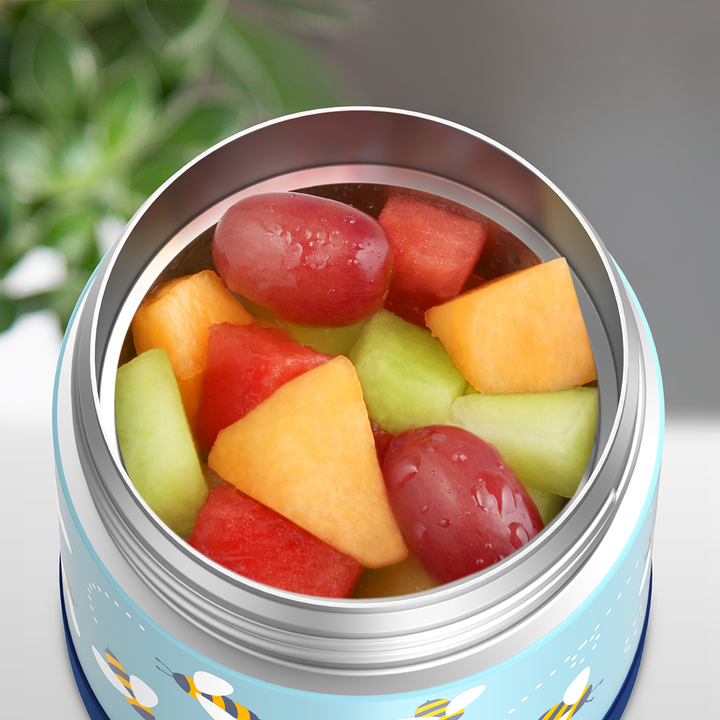 10 ounce Funtainer food jar, open with assorted fruit inside.