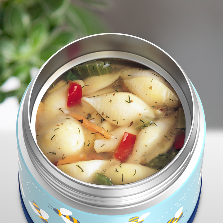 10 ounce Funtainer food jar, open with soup inside.