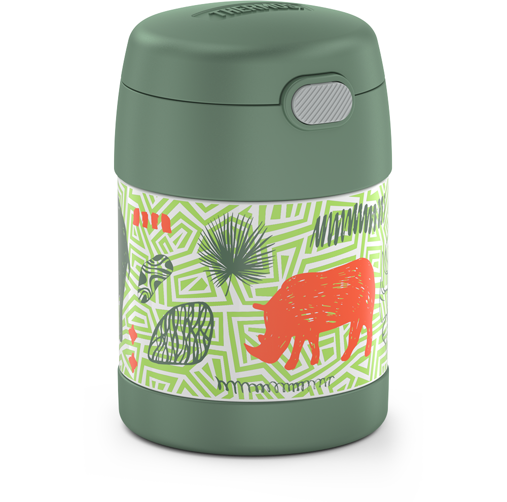 10 ounce Funtainer food jar, jungle animals side view featuring a rhino and palm leaves.