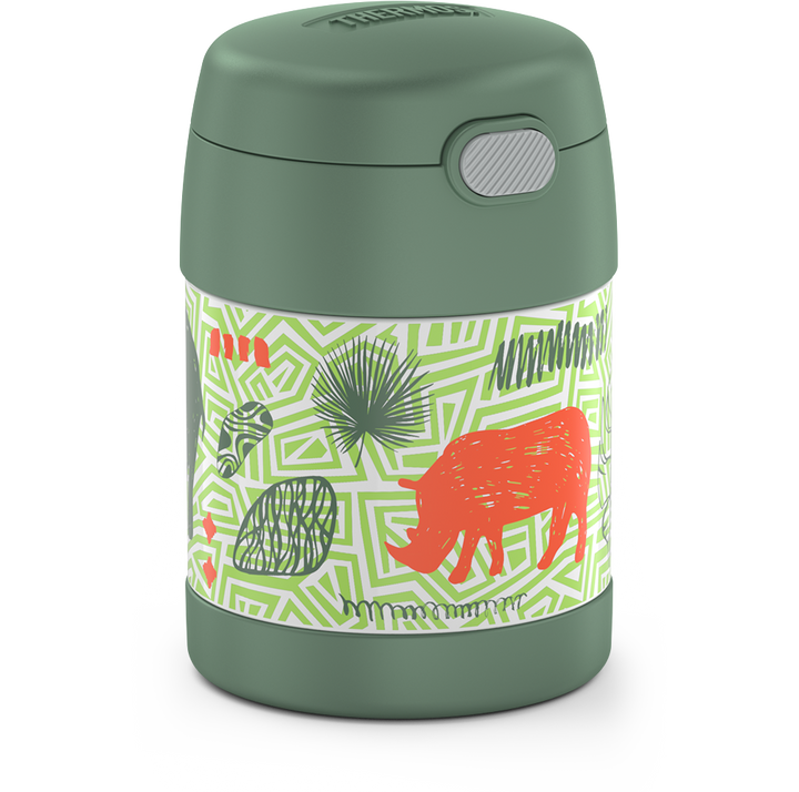 10 ounce Funtainer food jar, jungle animals side view featuring a rhino and palm leaves.