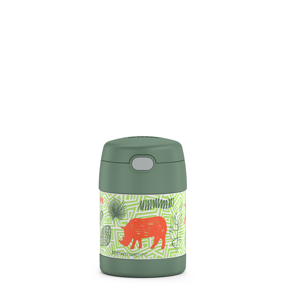 10 ounce Funtainer food jar, front view, jungle kingdom theme.