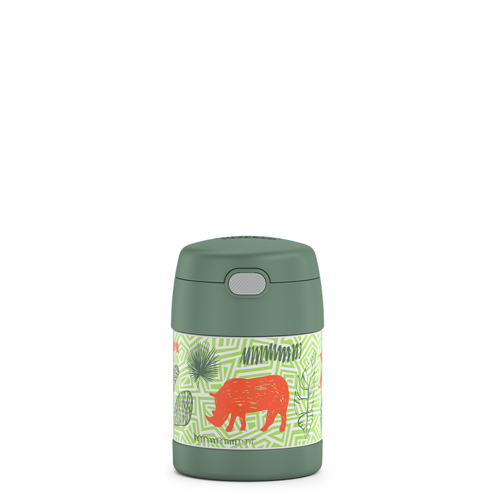 10 ounce Funtainer food jar, front view, jungle kingdom theme.