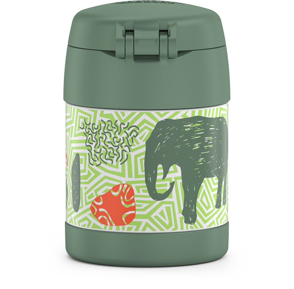 10 ounce Funtainer food jar, jungle animals back view featuring an elephant.
