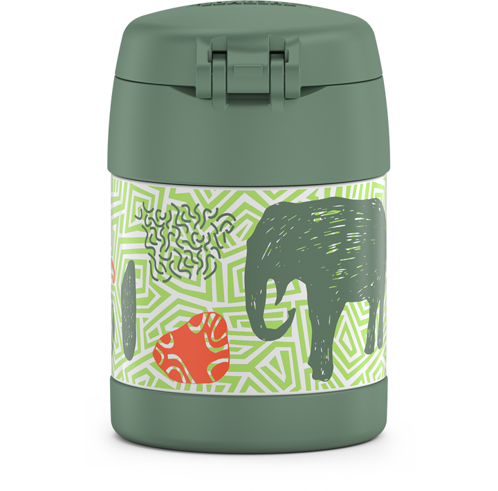 10 ounce Funtainer food jar, jungle animals back view featuring an elephant.