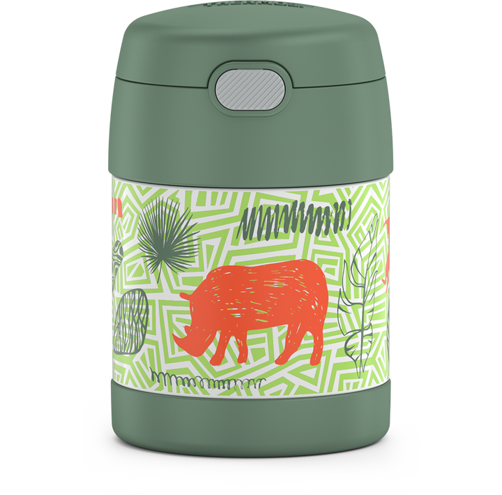10 ounce Funtainer food jar, jungle animals front view featuring a rhino.