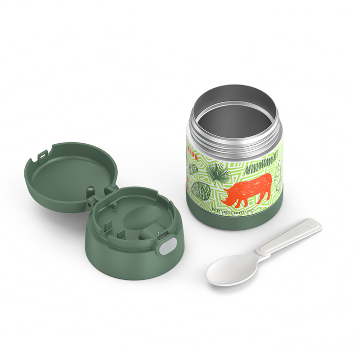 10 ounce Funtainer food jar, jungle animals disassembled with lid open, but empty to show spoon compartment and spoon next to jar, unfolded.